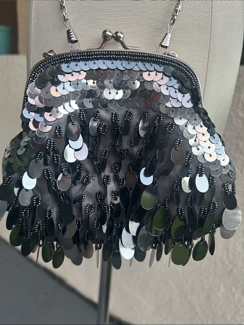Dark Silver Sequin Mini Evening Bag – Vintage Glam Party Purse